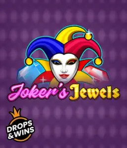 Experience the vibrant charm of Joker's Jewels slot by Pragmatic Play, highlighting a mesmerizing joker's mask decorated with a vivid jester hat. This graphic evokes the fun and excitement of traditional joker games, set against a lavender background. Perfect for those who love classic slot games, delivering a delightful play experience. 