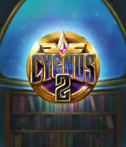 Experience the enchanting visuals of Cygnus 2 Slot by ELK Studios, featuring a stunning golden emblem with a bright purple and gold design. Set against a celestial background of a library, this graphic captures the spirit of adventure and mystery. 